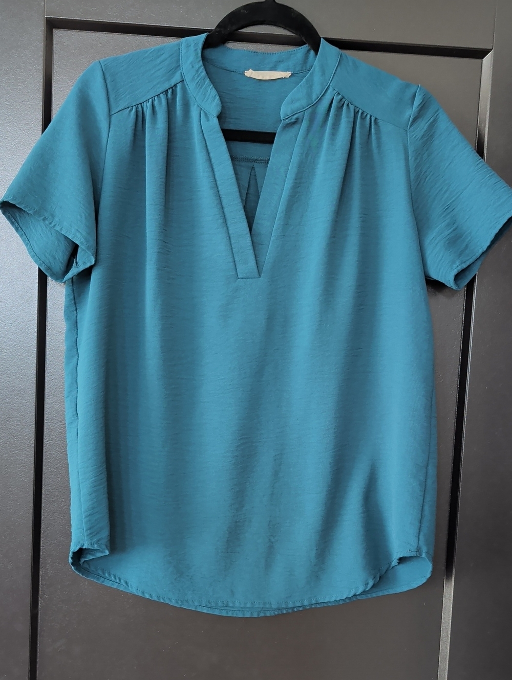 Dark Teal Short-Sleeve Split V-Neck Blouse